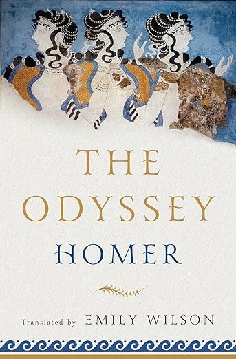 Cover of The Odyssey by Homer, translated by Emily Wilson. Three women of the Minoan Court illustration at the top of the page, blue ocean wave border along the bottom.