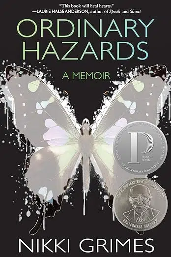 Book cover Ordinary Hazards: A Memoir by Nikki Grimes. Pixelated image of a butterfly on a black background.