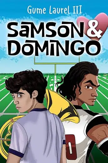 Book cover: illustration of two males standing on football field. One holding a French horn, one with shoulder length dark hair wearing a football uniform.