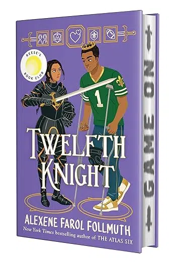 Book cover: Female teen wearing suit of armor holding sword toward male teen wearing a crown and football shirt with knee brace and crutches.