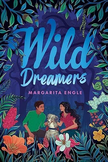 Book cover: tropical flowers and greenery frame teen male and female separated by gray and white dog.