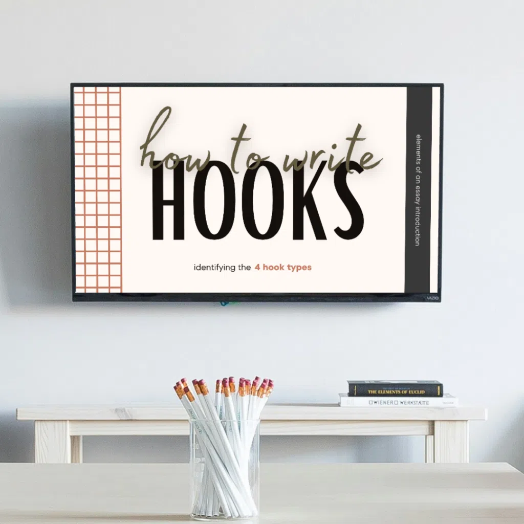 Presentation title slide: how to write hooks, identifying the 4 hook types, elements of an essay introduction.