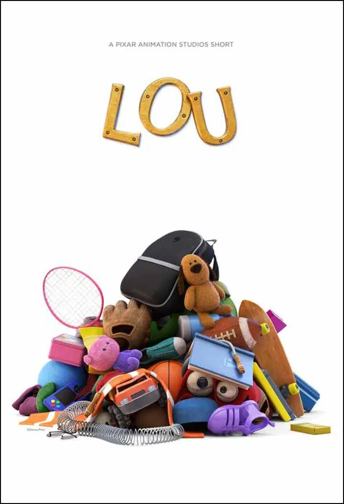 Film poster for Disney Pixar short film Lou. Pile of lost toys and personal items.