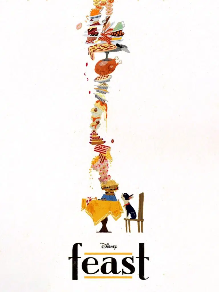 Film poster for Disney short film Feat. Black-and-white dog sitting on dining chair, table stacked high with food.
