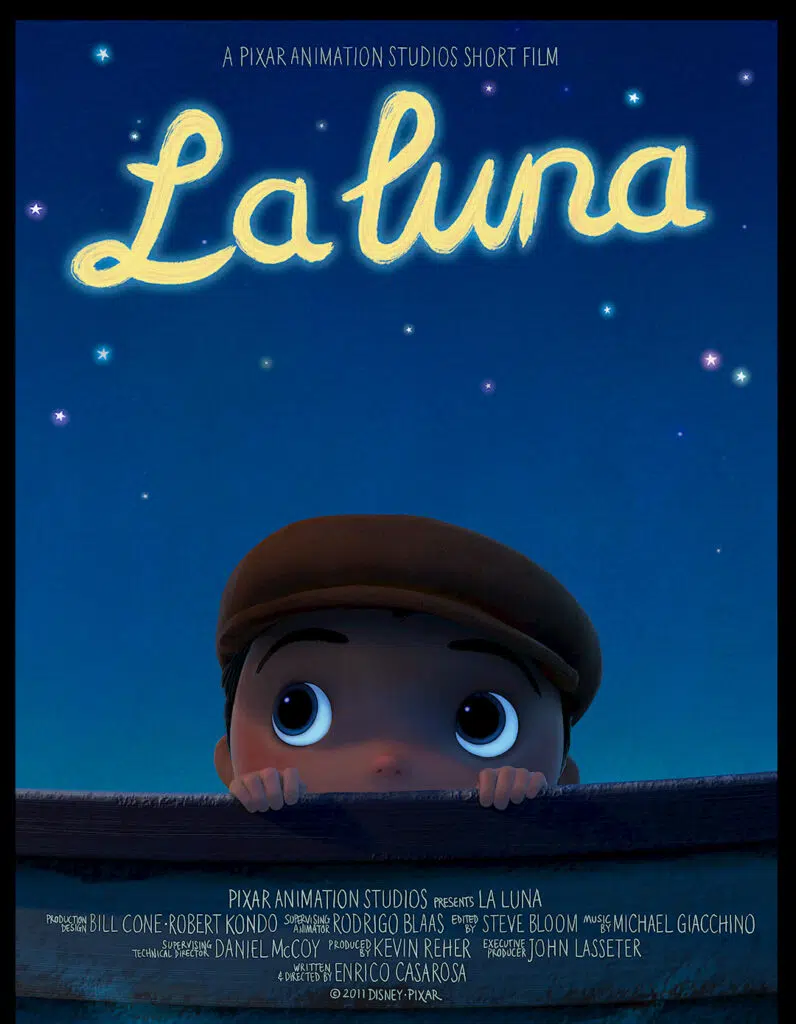 Film poster for Disney Pixar short film La Luna. Young boy wearing hat peeking over the top of something wide eyed.