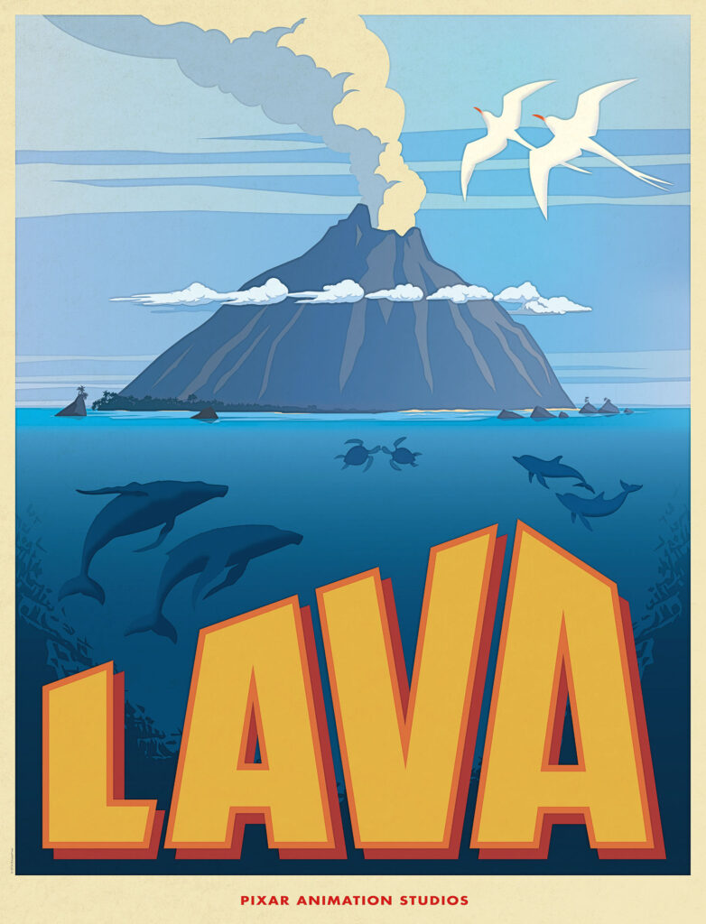 Film poster for Disney Pixar short film Lava. Smoking volcano in ocean surrounded by pairs of sea creatures.