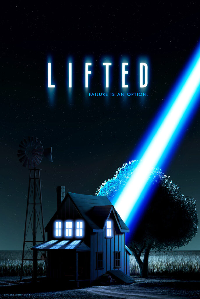 Film poster for Disney Pixar short film Lifted. Dark night with a farmhouse lit by a ray of bright white-blue light coming from the sky.
