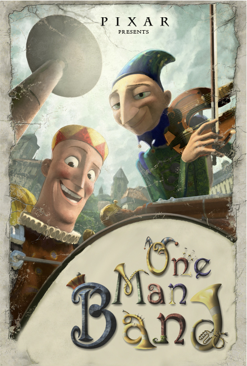 Film poster for Disney Pixar short film One Man Band. Two street musicians.