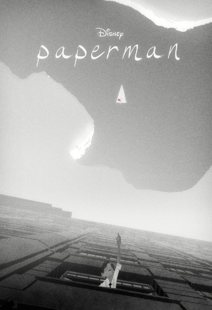 Film poster for Disney short film Paperman. Man leans out window reaching for paper airplane with a red lipped kiss on it.