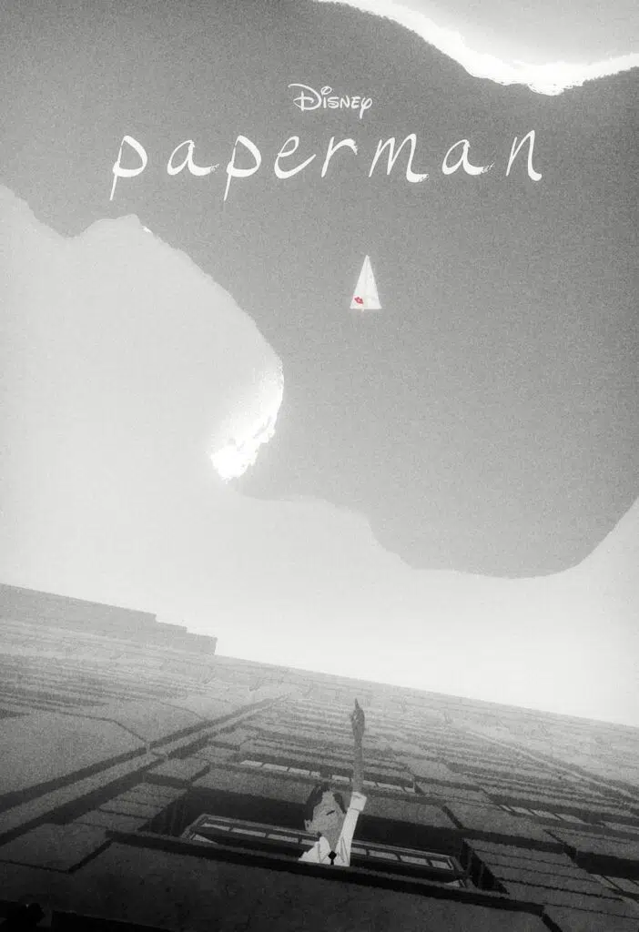 Film poster for Disney short film Paperman. Man leans out window reaching for paper airplane with a red lipped kiss on it.