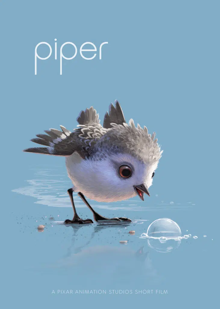 Film poster for Disney Pixar short film Piper. Small gray and white bird at the water's edge.
