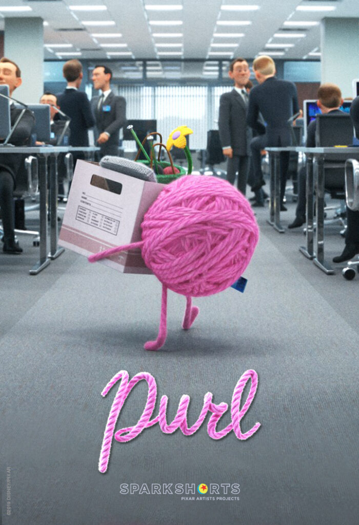 Film poster for Pixar SparkShorts film Purl. Pink ball of yarn carrying a file box through a office setting populated only by men.