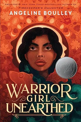 Book cover Warrior Girl Unearthed by Angeline Boulley. Teen female surrounded by animals and leaves, illustration of moon phases over her head.