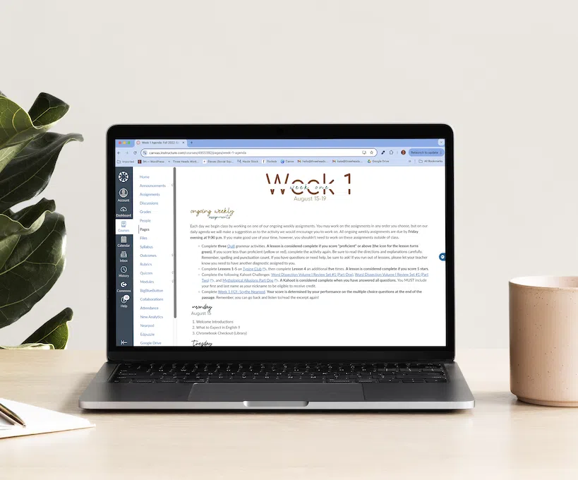 Canvas LMS weekly agenda on laptop screen.