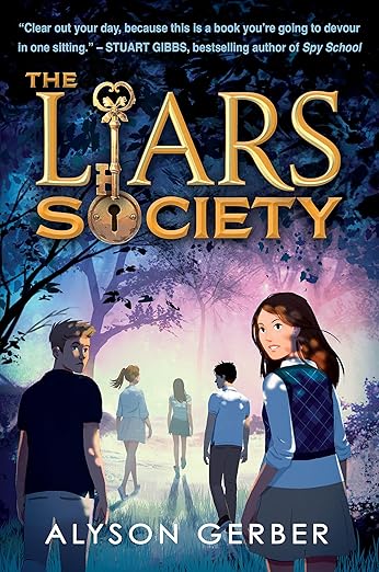 The Liars Society by Alyson Gerber book cover. Illustration of teens wearing school uniforms walking through darkened forest lighted with a blueish purple cast.
