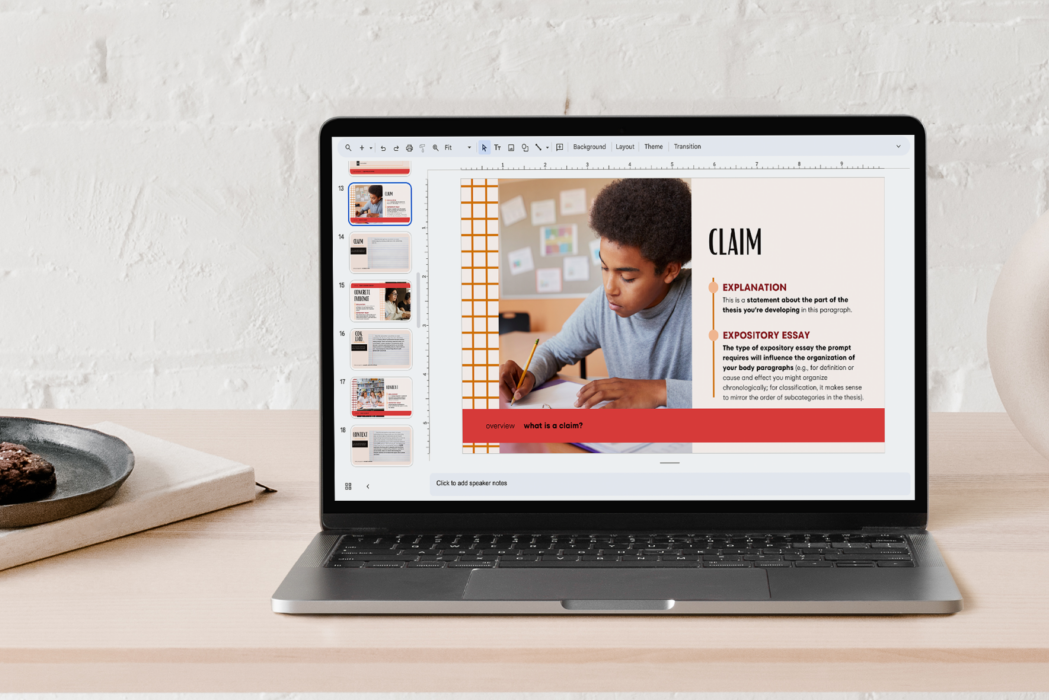 Three Heads Resource teacher presentation of expository essay outline.