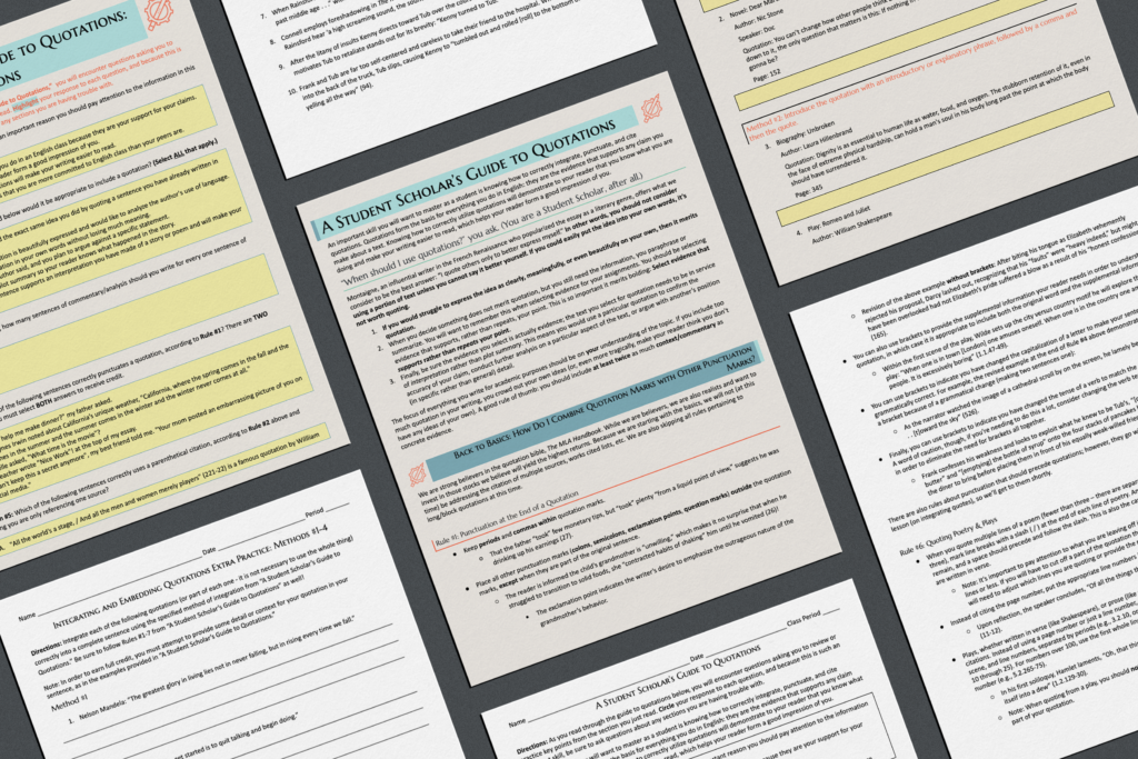 Sample pages from the Three Heads resource for helping students learn how to embed quotes in their writing.