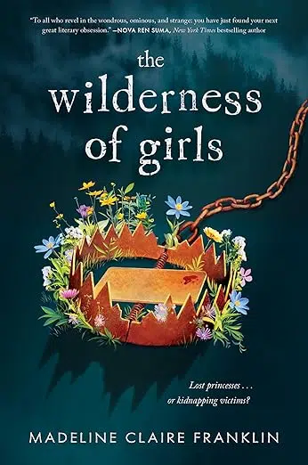 The Wilderness of Girls by Madeline Claire Franklin book cover. Steel hunting trap with a drop of blood on it surrounded by purple, blue, and yellow flowers.