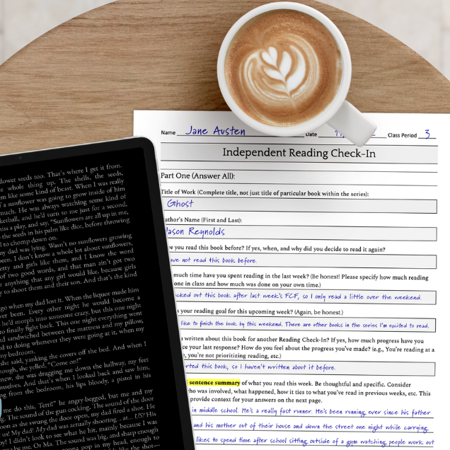Three Heads resource: Independent Reading Check In example using Jason Reynolds's Ghost.