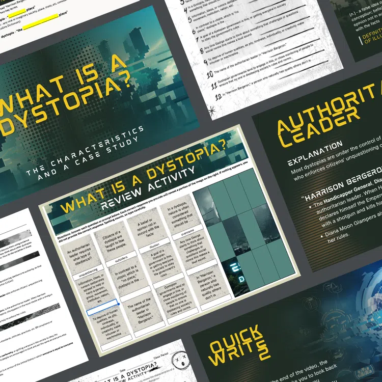 Three Heads resource sample pages from the characteristics of a dystopian society introduction answering the question, what is dystopia?