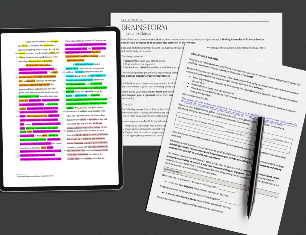Sample pages from Three Heads mini-unit on how to write a literary analysis essay.