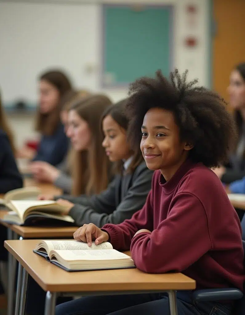 Student sitting at a desk in a high school English classroom reading an independent reading book.