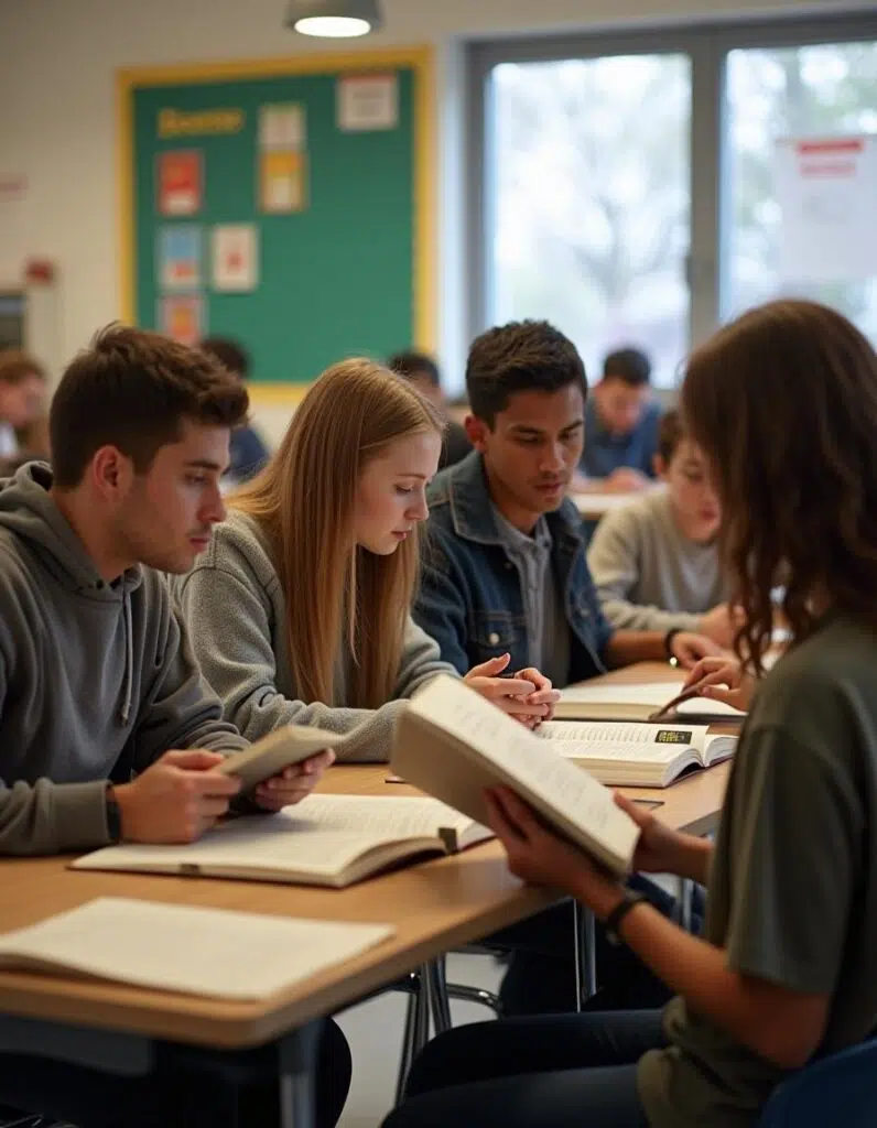 Students in a high school English classroom discussing independent reading books.