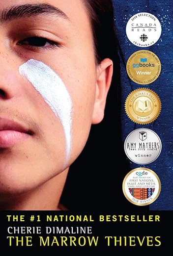 Book cover: The Marrow Thieves by Cherie Dimaline. Picture of half the face of an indigenous young adult with long dark hair, dark eyebrows, and dark brown eyes. A smear of white face paint running from beneath the eye to the jaw line. 