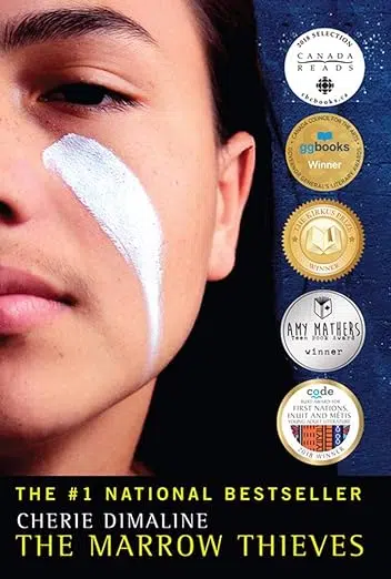 Book cover: The Marrow Thieves by Cherie Dimaline. Picture of half the face of an indigenous young adult with long dark hair, dark eyebrows, and dark brown eyes. A smear of white face paint running from beneath the eye to the jaw line.