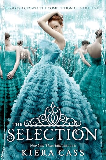 Book cover: The Selection by Kiera Cass. Young adult woman with pale ivory skin and red hair pulled back from her face wearing a light blue-green ruffled ball gown.