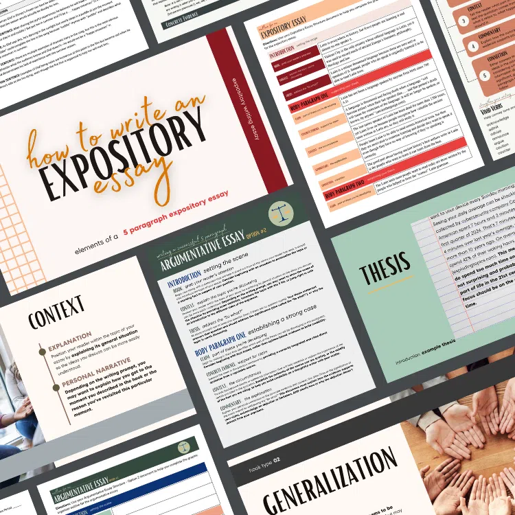Sample pages of Three Heads essay writing bundled resource for teaching hooks, 5C body paragraphs, narrative, expository, and argumentative/persuasive essays.