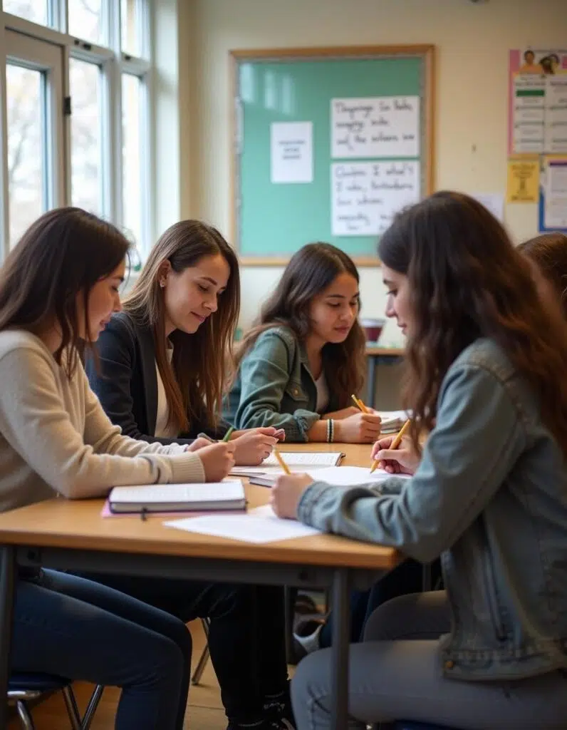 Group of students working collaboratively in a high school English classroom.
