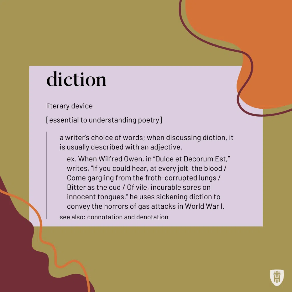 Image with definition of diction and example. Text included in body of blog post.