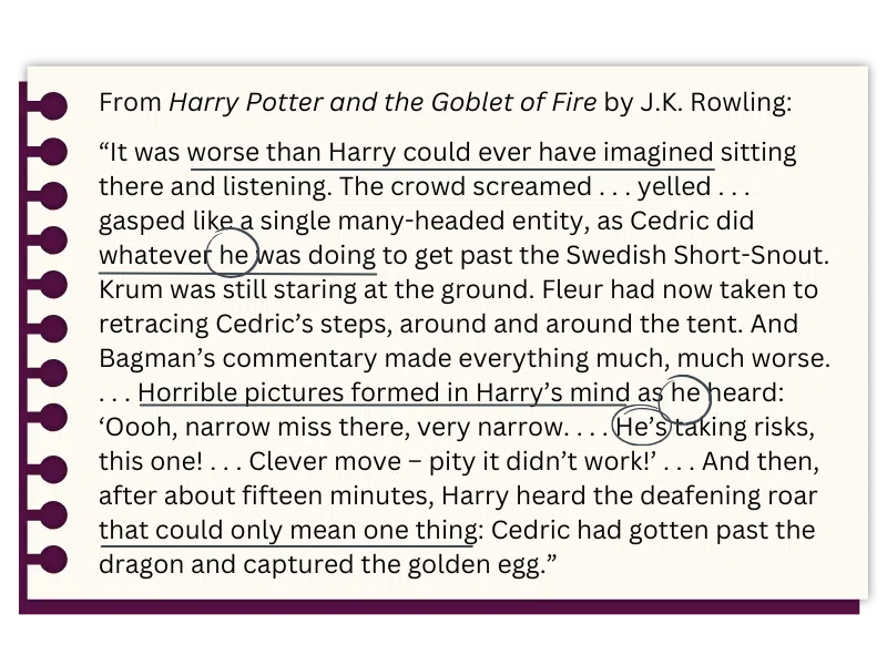 Excerpt from J.K. Rowling's Harry Potter and the Goblet of Fire. Pronouns in text circled and private thoughts and feelings underlined to help identify point of view.