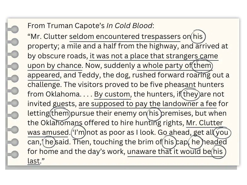 Excerpt from Truman Capote's In Cold Blood. Pronouns in text circled and private thoughts and feelings underlined to help identify point of view.