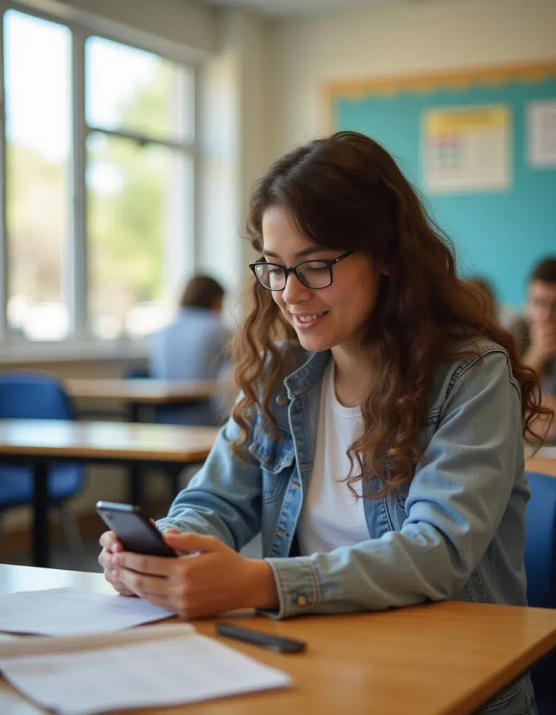 Student texting on phone in high school classroom.