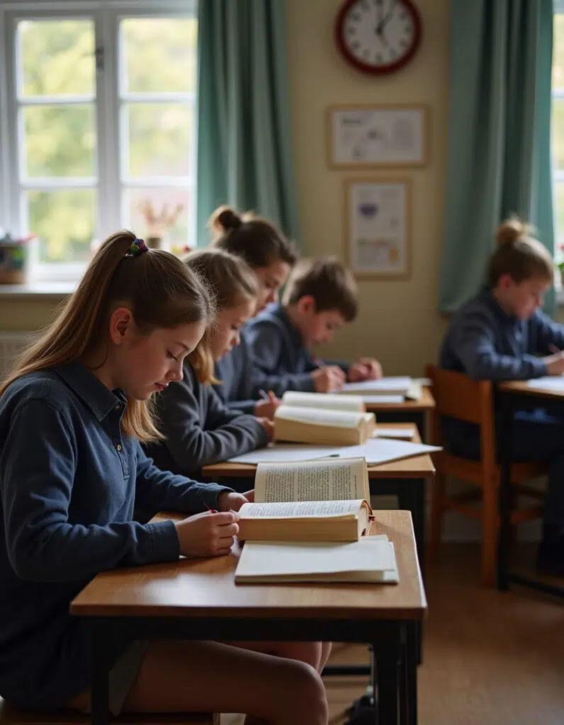 Middle school students reading at desks.