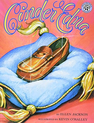 Book cover: Cinder Edna by Ellen Jackson. Brown penny loafer on blue pillow with gold tassels.