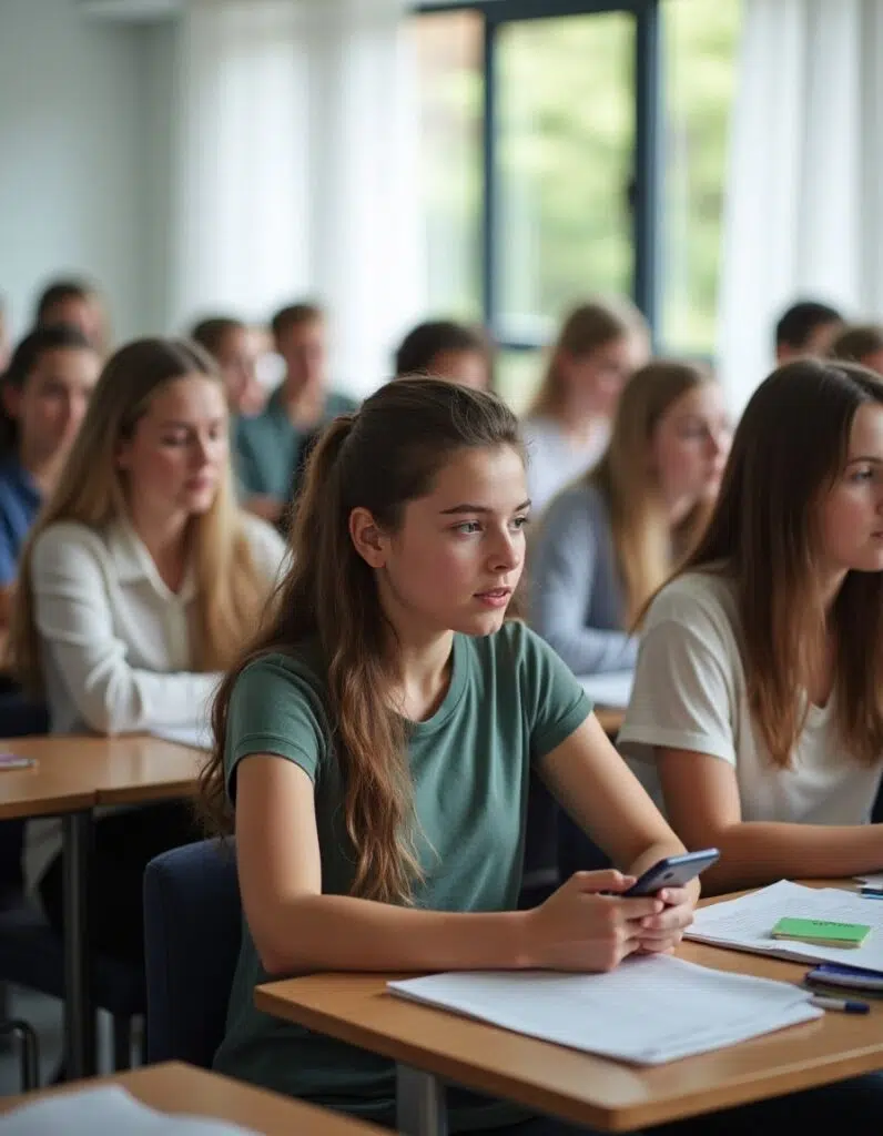 High student using cell phone in class.