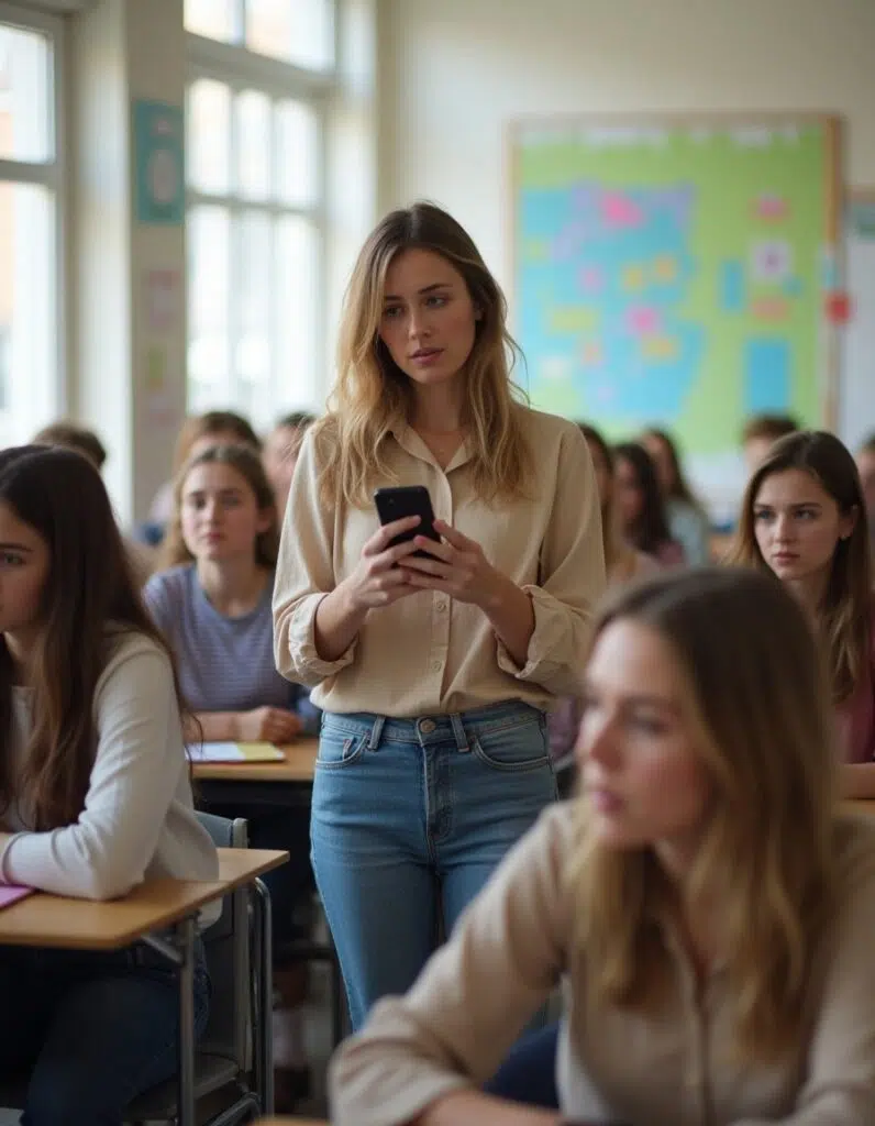 Teacher using cell phone in class in middle of group of students.
