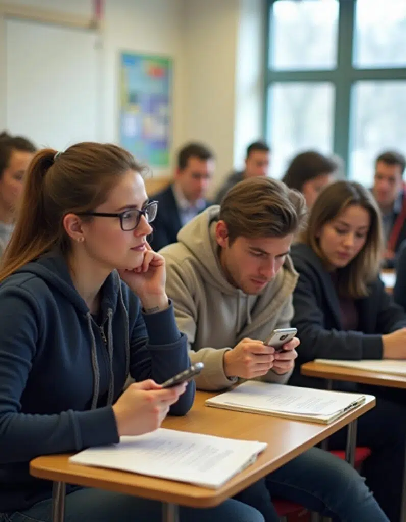 High student using cell phone in class.