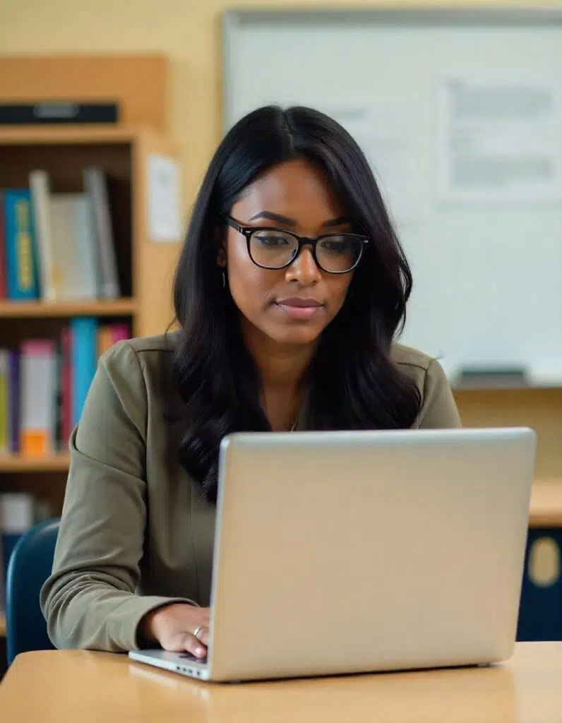 Teacher sitting at a desk, working on laptop.