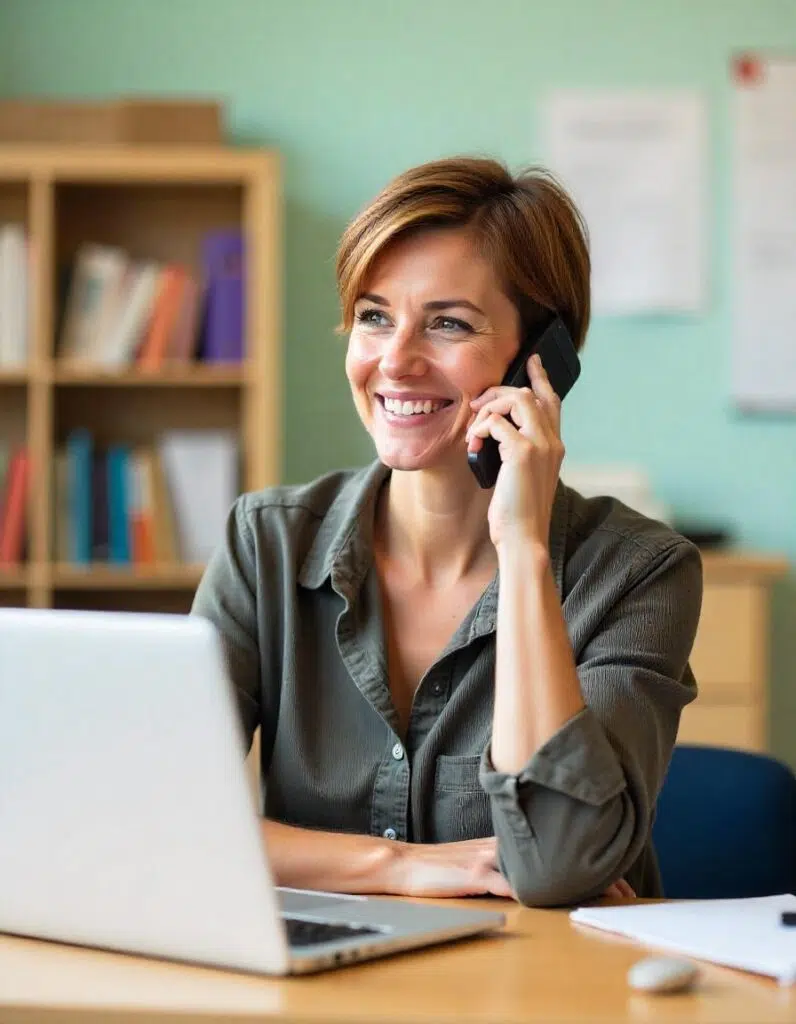 Teacher sitting at her desk talking on the phone.