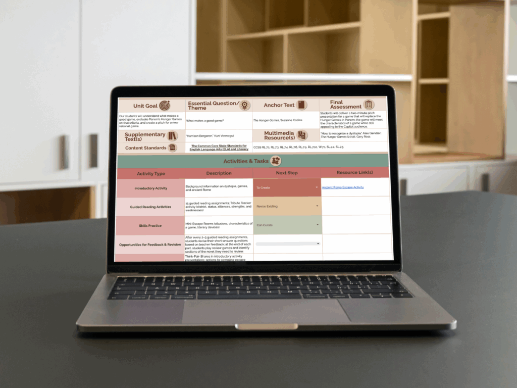 Image of Google Sheets template for Three Heads unit planner. Available free in the Free Resource Library.