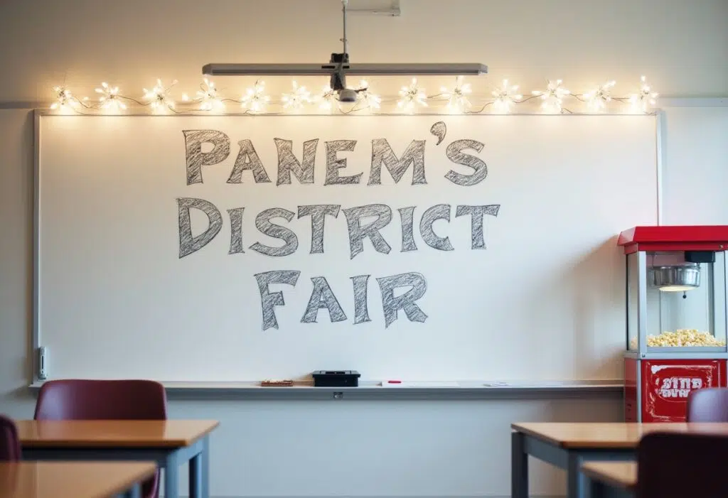 A classroom whiteboard with "Panem's District Fair" written on it. A string of white lights draped across the top of the board. A popcorn machine in the corner.