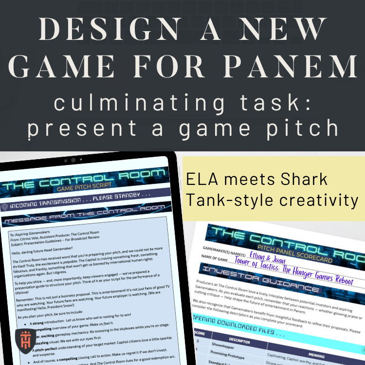 Book Project Ideas: Hunger Games Game Design Pitch project — includes presentation, activities, and scaffolded materials for a final game pitch.