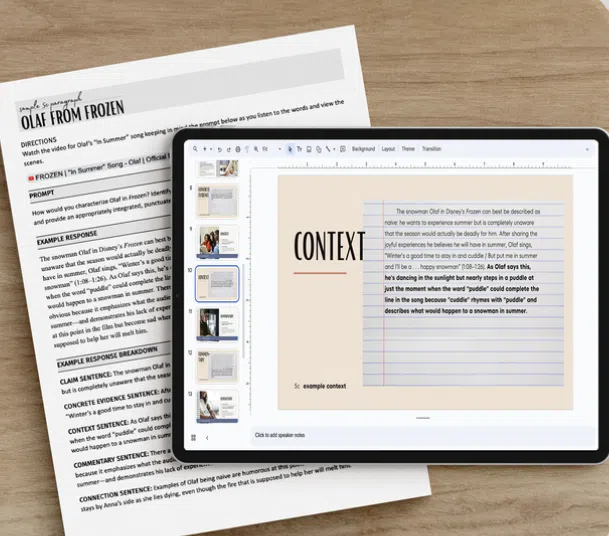 5C paragraph writing resource for secondary ELA — includes teacher slides, Olaf model paragraph, and standard-level and honors samples.