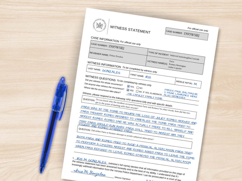 Book project idea for Romeo and Juliet Act 5: Verona Police Department Witness Statement