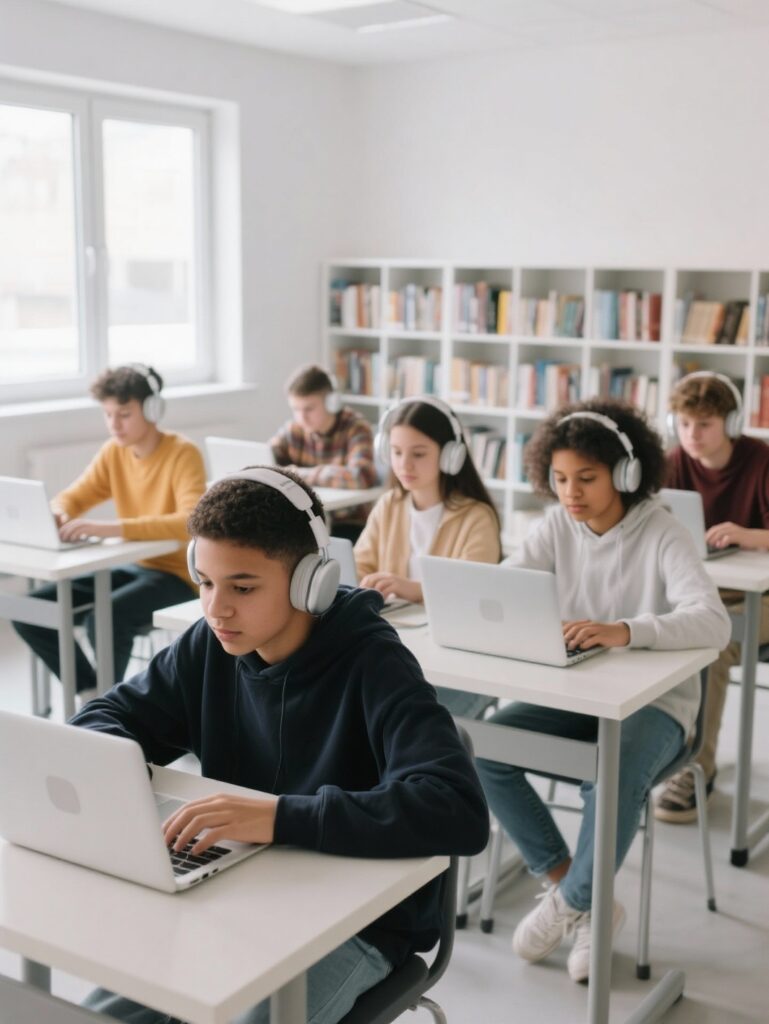 Students sitting at desks working on laptops while listening to YouTube videos.