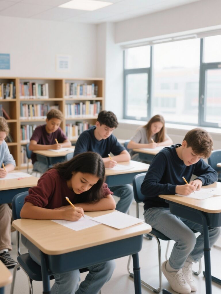 High school students completing reading quizzes at their desks.
